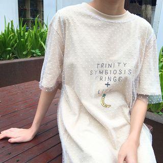 Set : Dotted Lace Short-sleeve Top + Short-sleeve Print Dress