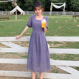 Short-sleeve Square-neck Dotted A-line Midi Dress