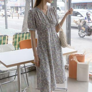 Buttoned Shirred Midi Floral Dress