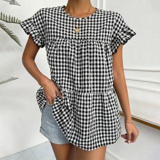 Short-sleeve Plaid Ruffle Trim Blouse