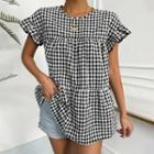 Short-sleeve Plaid Ruffle Trim Blouse