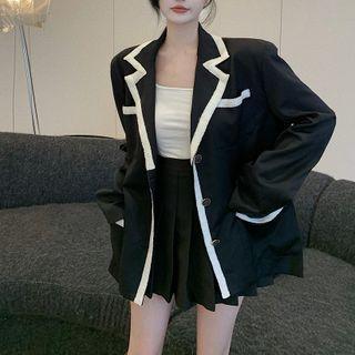 Padded-shoulder Contrast Trim Oversized Single-breasted Blazer