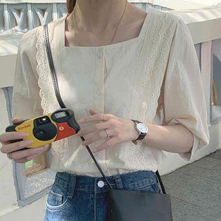 Lace Trim Square-neck Elbow-sleeve Blouse