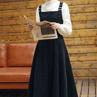 Set: Mock-turtleneck Rib Knit Top + A-line Midi Pinafore Dress