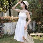Spaghetti Strap Flower Embroidered Buttoned Dress