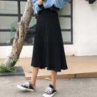 Plain Midi A-line Knit Skirt Black - One Size