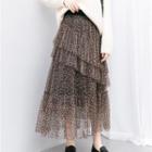 Leopard-print Layered Mesh Midi Skirt