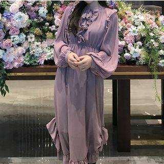 Puff-sleeve Ruffle Trim Midi Dress