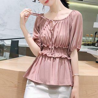 Short-sleeve Tie-front Shirred Chiffon Peplum Top