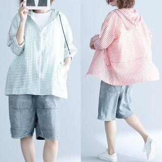 Striped 3/4 Sleeve Hooded Jacket