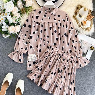 Set: Printed Flared-cuff Blouse + Mini A-line Skirt