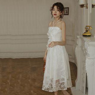 Flower Print Spaghetti-strap Midi A-line Dress