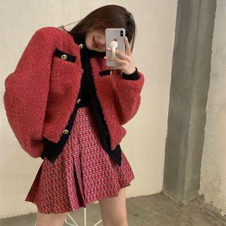 Fleece Panel Cardigan / Floral Print Mini Skirt