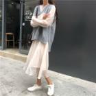 Knit Vest / Lace Trim Long-sleeve Midi Shift Dress