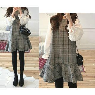 Mock Two-piece Plaid Long-sleeve Mini Dress