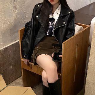 Lace-up Mini A-line Skirt / Faux Leather Jacket / Print Shirt