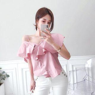 Asymmetric-shoulder Ruffle-trim Blouse