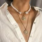 Alloy Coin Pendant Faux Pearl Layered Choker Necklace 2440 - Gold - One Size