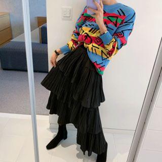 Crystal-pleat Dip-back Long Tiered Skirt