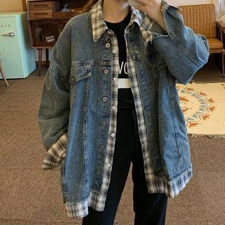 Plaid Detail Denim Jacket Blue - One Size