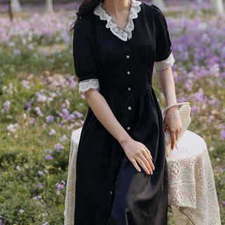 Elbow-sleeve Lace Trim Button-up A-line Midi Dress
