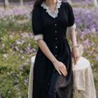 Elbow-sleeve Lace Trim Button-up A-line Midi Dress