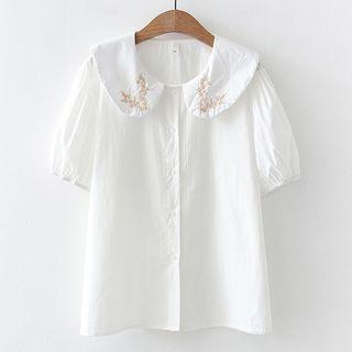 Puff-sleeve Peter Pan Collar Embroidered Shirt White - One Size