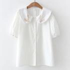 Puff-sleeve Peter Pan Collar Embroidered Shirt White - One Size
