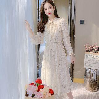 Long-sleeve V-neck Bow Floral Chiffon Dress