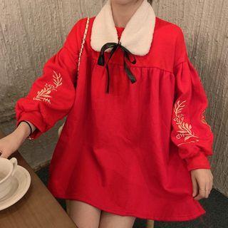 Embroidered Fleece-collar Sweatshirt Red - One Size