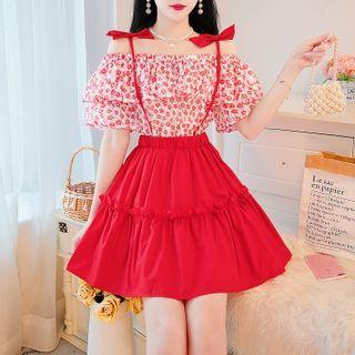Set: Off-shoulder Print Top + Jumper Skirt