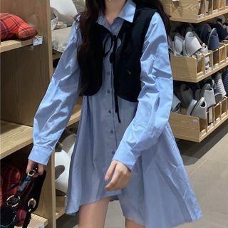 Asymmetrical Mini A-line Shirtdress / Tie-strap Vest
