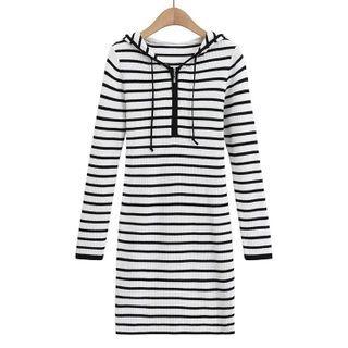 Striped Hooded Half-zip Midi Sweater Dress