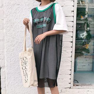 Set: Lettering Mesh Tank Dress + Elbow-sleeve T-shirt Dress