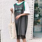 Set: Lettering Mesh Tank Dress + Elbow-sleeve T-shirt Dress