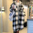 Mock Two-piece Plaid Button-up Hooded Long Coat Plaid - Black & Gray & Almond - One Size