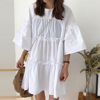 Frilled 3/4-sleeve A-line Dress