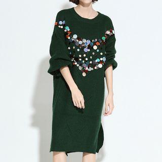 Embellished Side Slit Sweater Dress