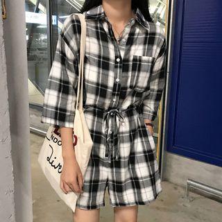 Plaid 3/4 Sleeve Playsuit Plaid Playsuit - One Size