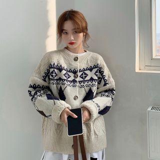 Wide Retro Panel Jacquard Long-sleeve Knit Sweater Cardigan Jacket