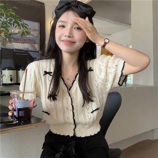 V-neck Bow Cropped Cardigan White - One Size