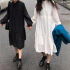 Tie-neck Long-sleeve Pleated Midi Dress