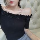 Flower Accent Off-shoulder Short-sleeve Slim-fit Top