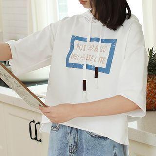 Lettering Hooded Elbow-sleeve T-shirt White - One Size