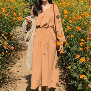 Long-sleeve Plain Dress Tangerine - One Size