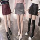 Slit A-line Faux Leather Mini Skirt