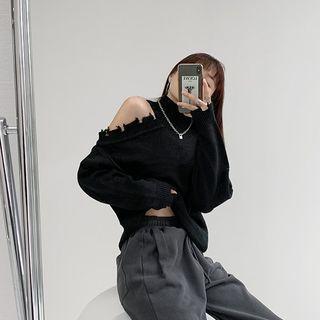 Mock-neck Plain Ripped Sweater