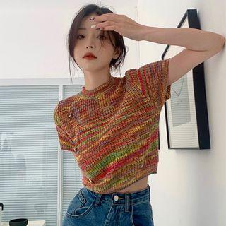 Short-sleeve Embellished Knit Crop Top Red & Yellow - One Size