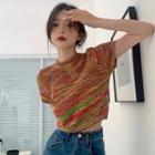 Short-sleeve Embellished Knit Crop Top Red & Yellow - One Size