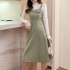 Set: Long-sleeve Knit Dress + Sleeveless Midi A-line Dress